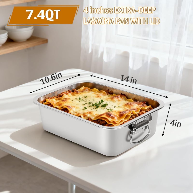 VAlinks 4 Inch Extra Deep Lasagna Pan with Lid and Handles 7.4QT Large Stainless Steel Nonstick Deep Baking Pan with Handles for Lasagna Casserole Dishes Brownie Sourdough Bread （14x10.6x4 IN) - Image 2